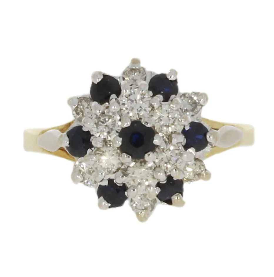 Pre Owned 9ct Yellow Gold Sapphire and 0.45cts Diamond Cluster Ring