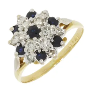Pre Owned 9ct Yellow Gold Sapphire and 0.45cts Diamond Cluster Ring
