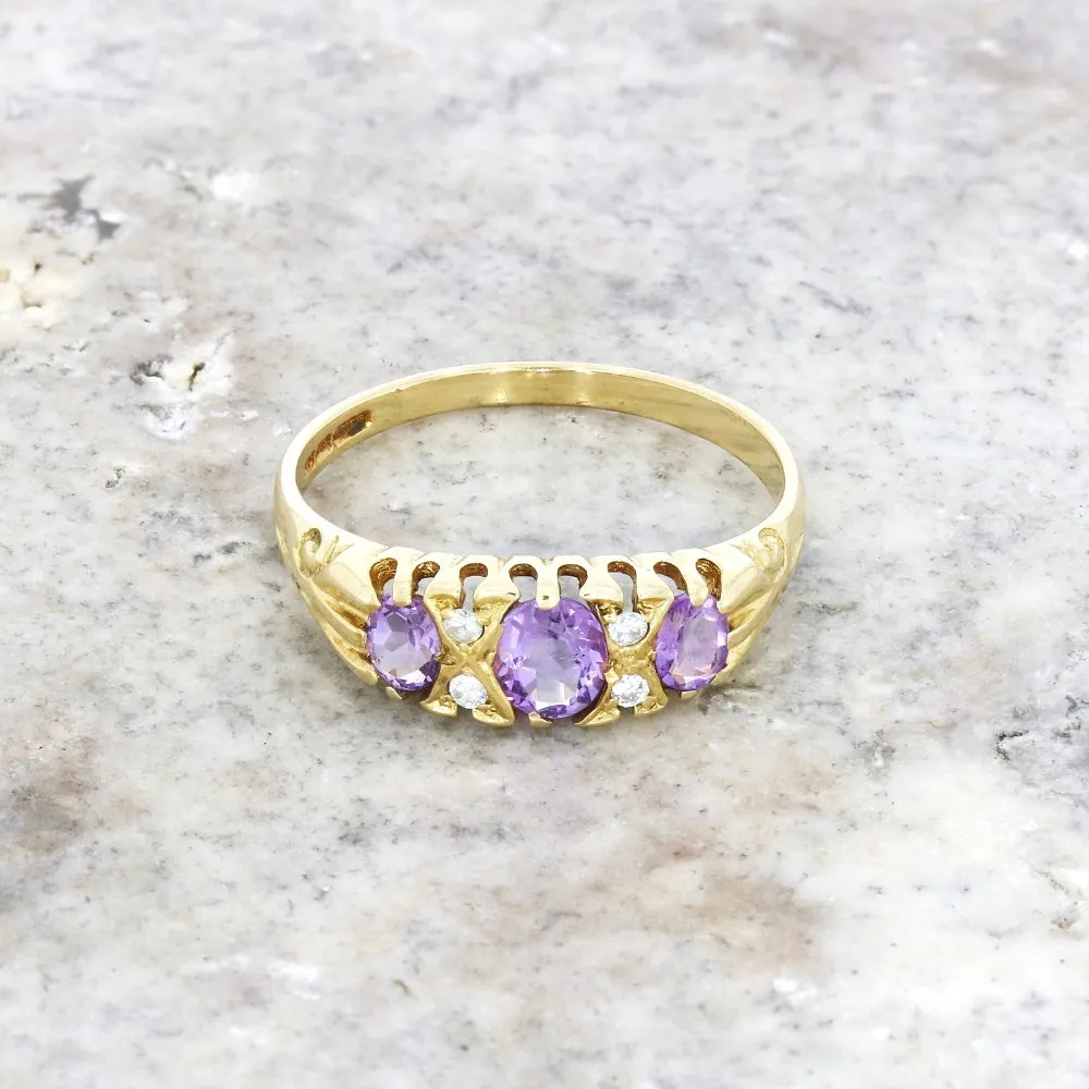Pre Owned 9ct Yellow Gold Vintage Design Amethyst and Diamond Ring