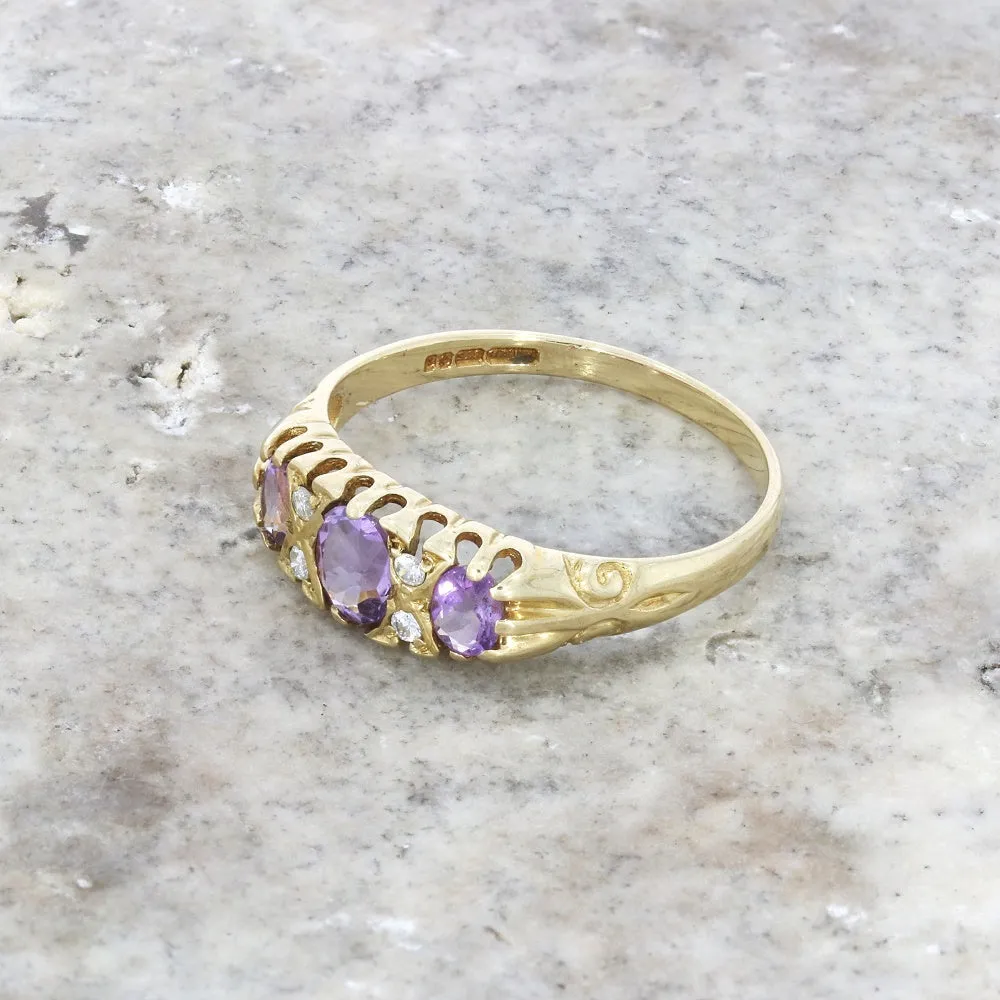 Pre Owned 9ct Yellow Gold Vintage Design Amethyst and Diamond Ring
