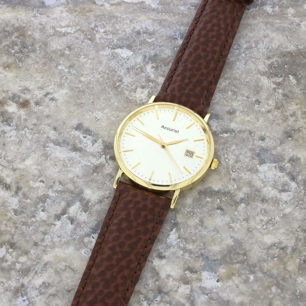 Pre Owned Accurist 18ct Gold Quartz Leather Strap Watch RW0613