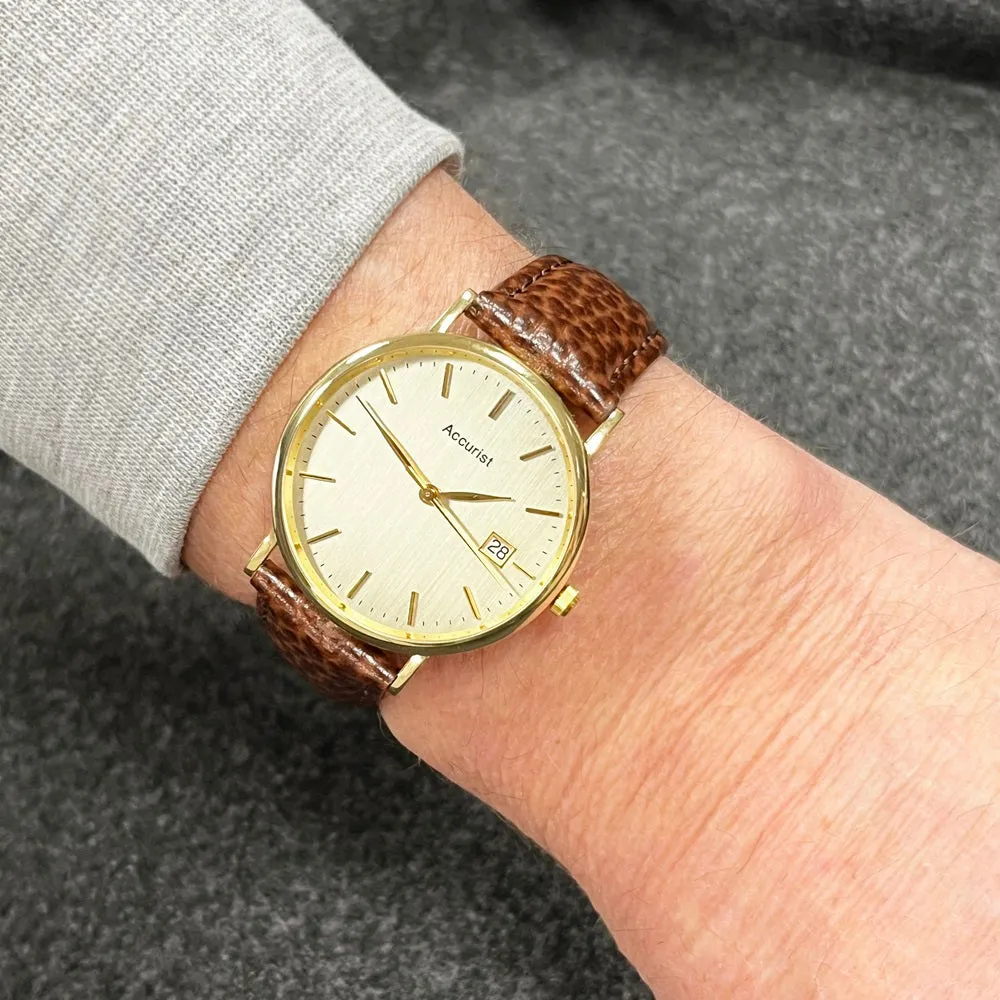 Pre Owned Accurist 18ct Gold Quartz Leather Strap Watch RW0613