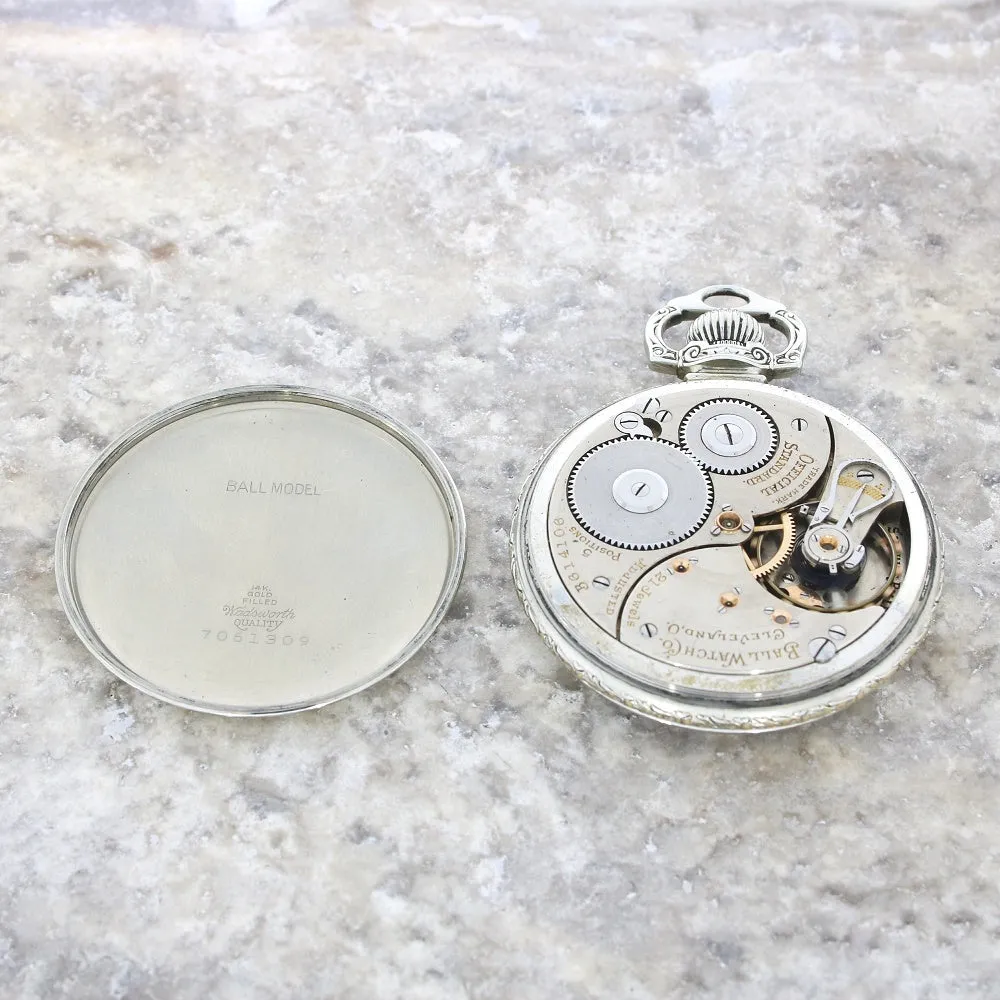 Pre Owned Ball Watch Co Cleveland Official RR Railroad 14ct White Gold Filled Pocket Watch RW0628