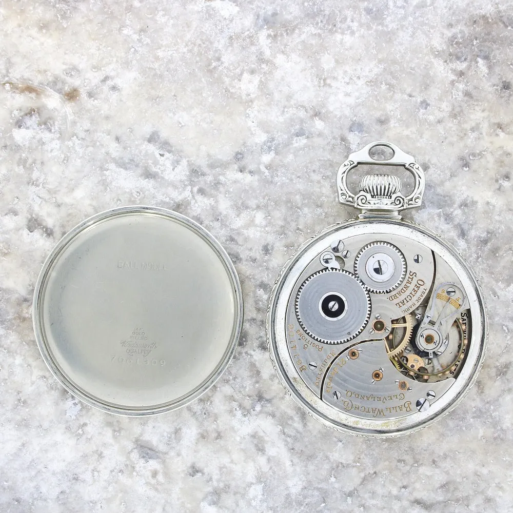 Pre Owned Ball Watch Co Cleveland Official RR Railroad 14ct White Gold Filled Pocket Watch RW0628