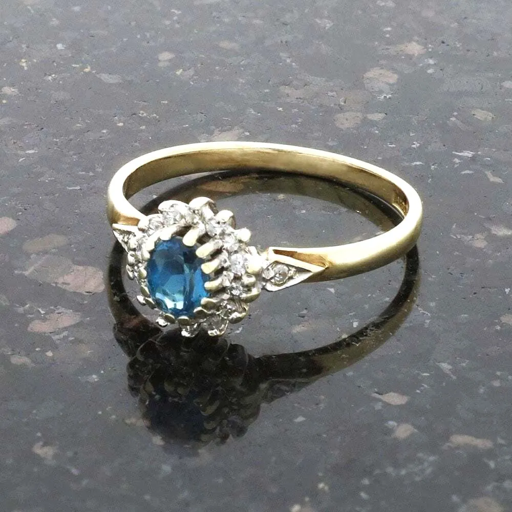 Pre Owned Ladies 9ct Yellow Gold Blue Topaz and Diamond Ring