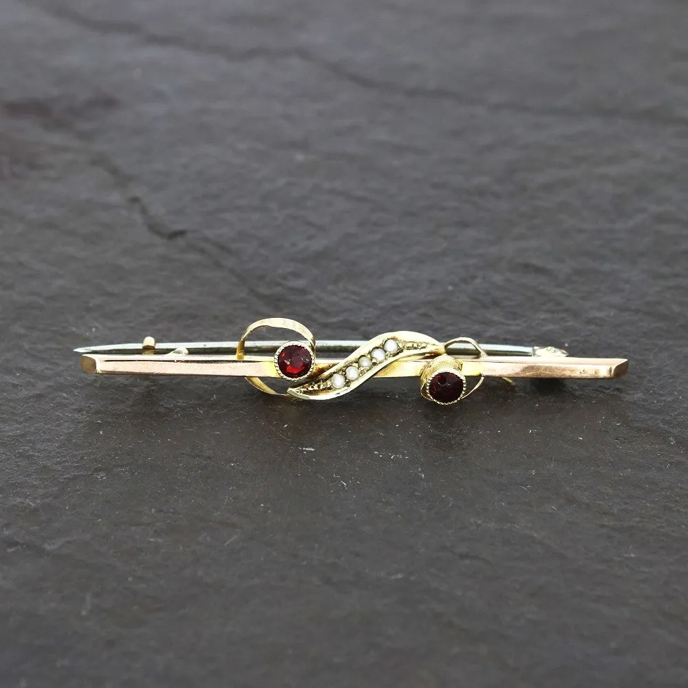 Pre Owned Vintage 9ct Gold Garnet and Seed Pearl Bar Brooch