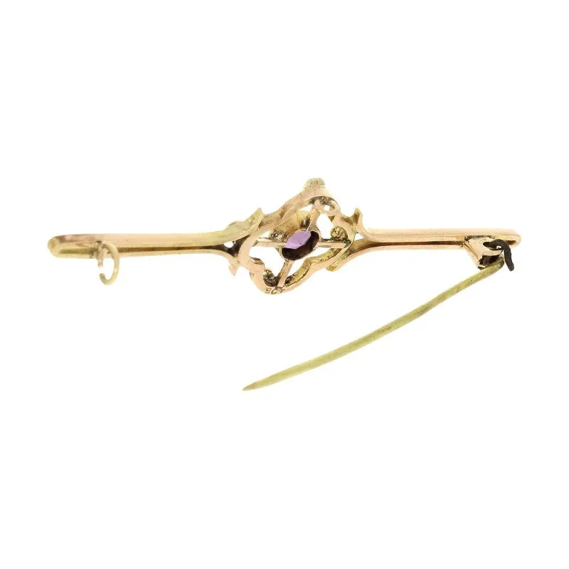 Pre Owned Vintage 9ct Rose Gold Amethyst And Seed Pearl Bar Brooch