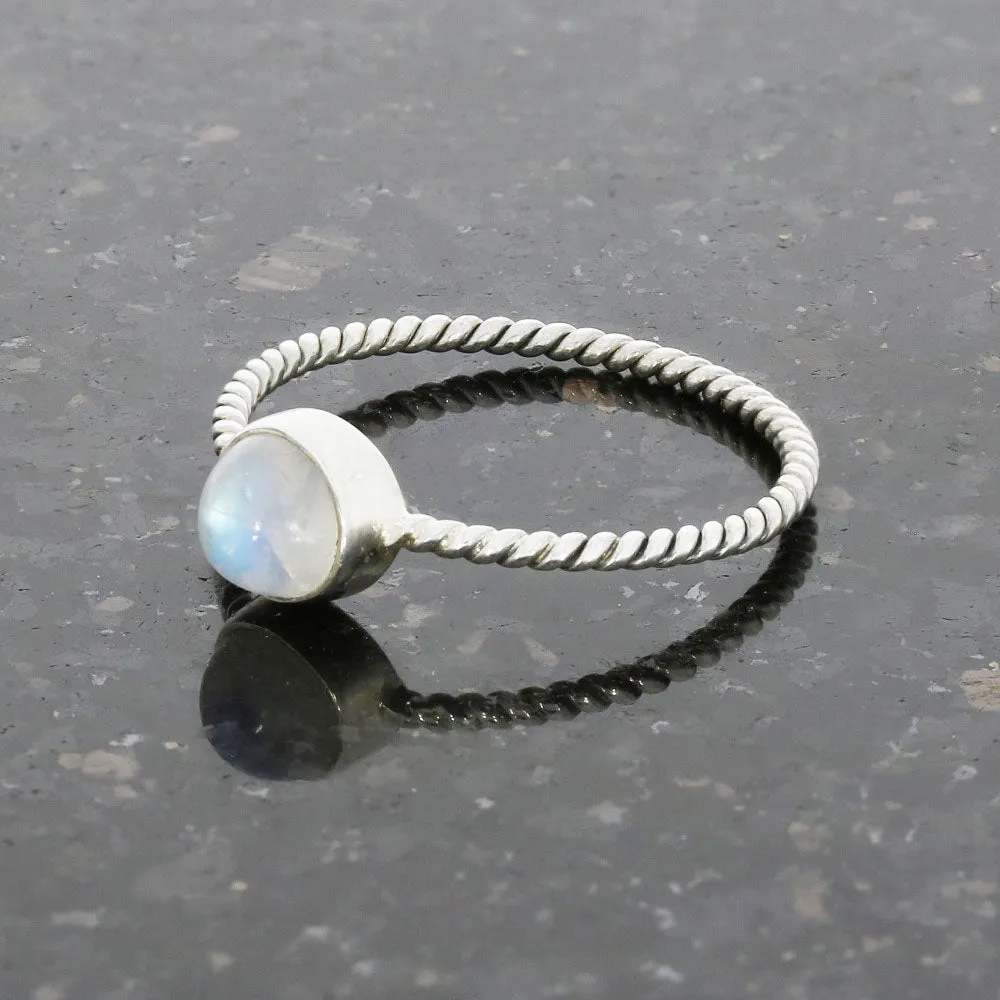 Rainbow Moonstone Sterling Silver Twisted Rope Ring