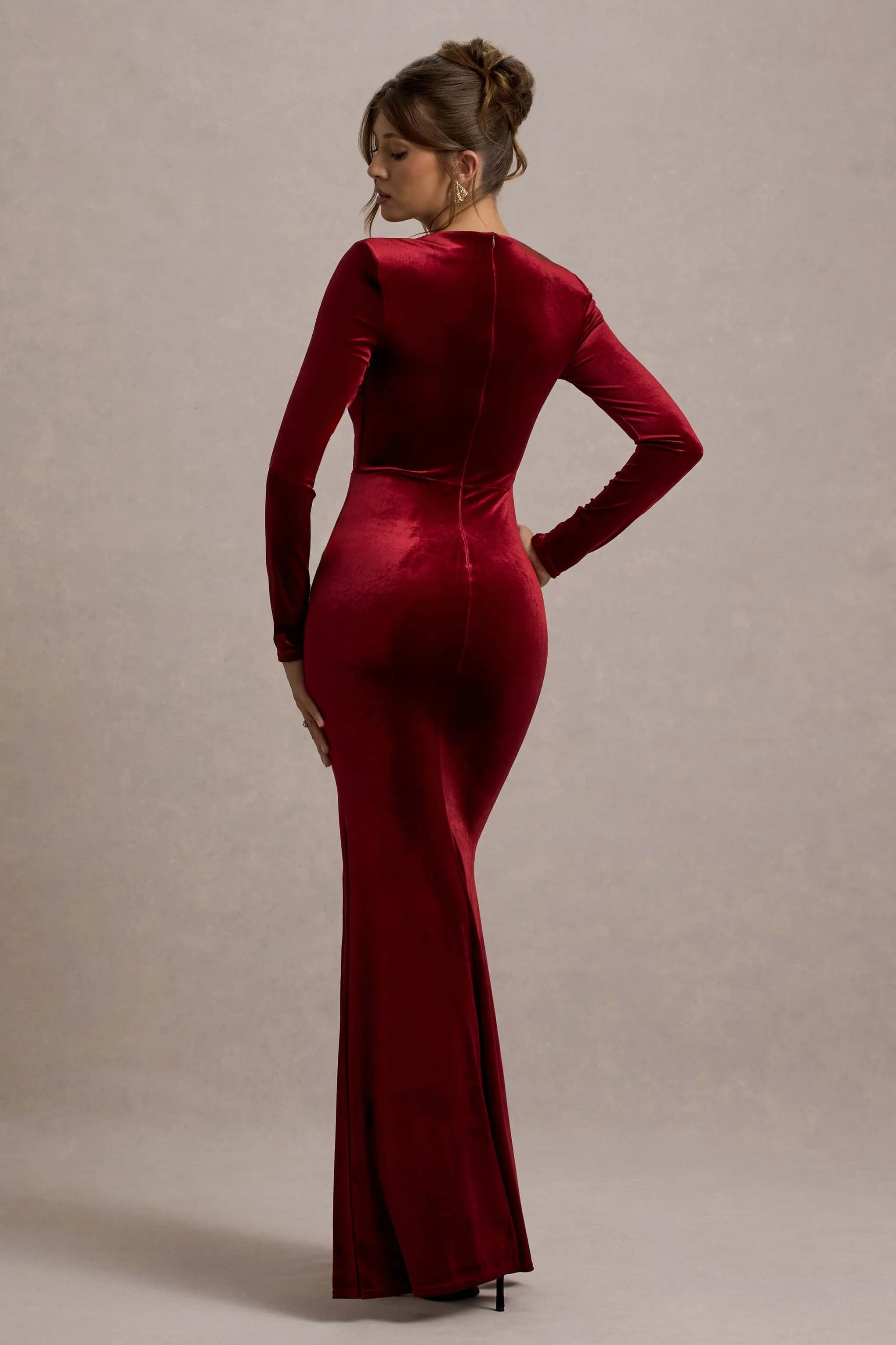 Rayla | Berry Velvet Maxi Dress With Split Club L London