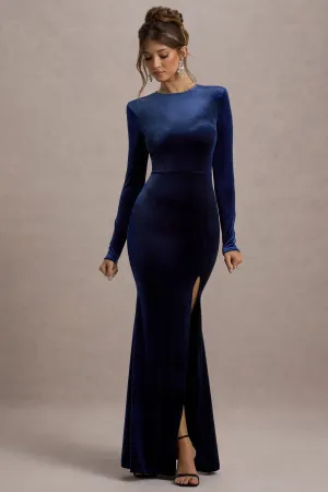 Rayla | Navy Velvet Maxi Dress With Split Club L London