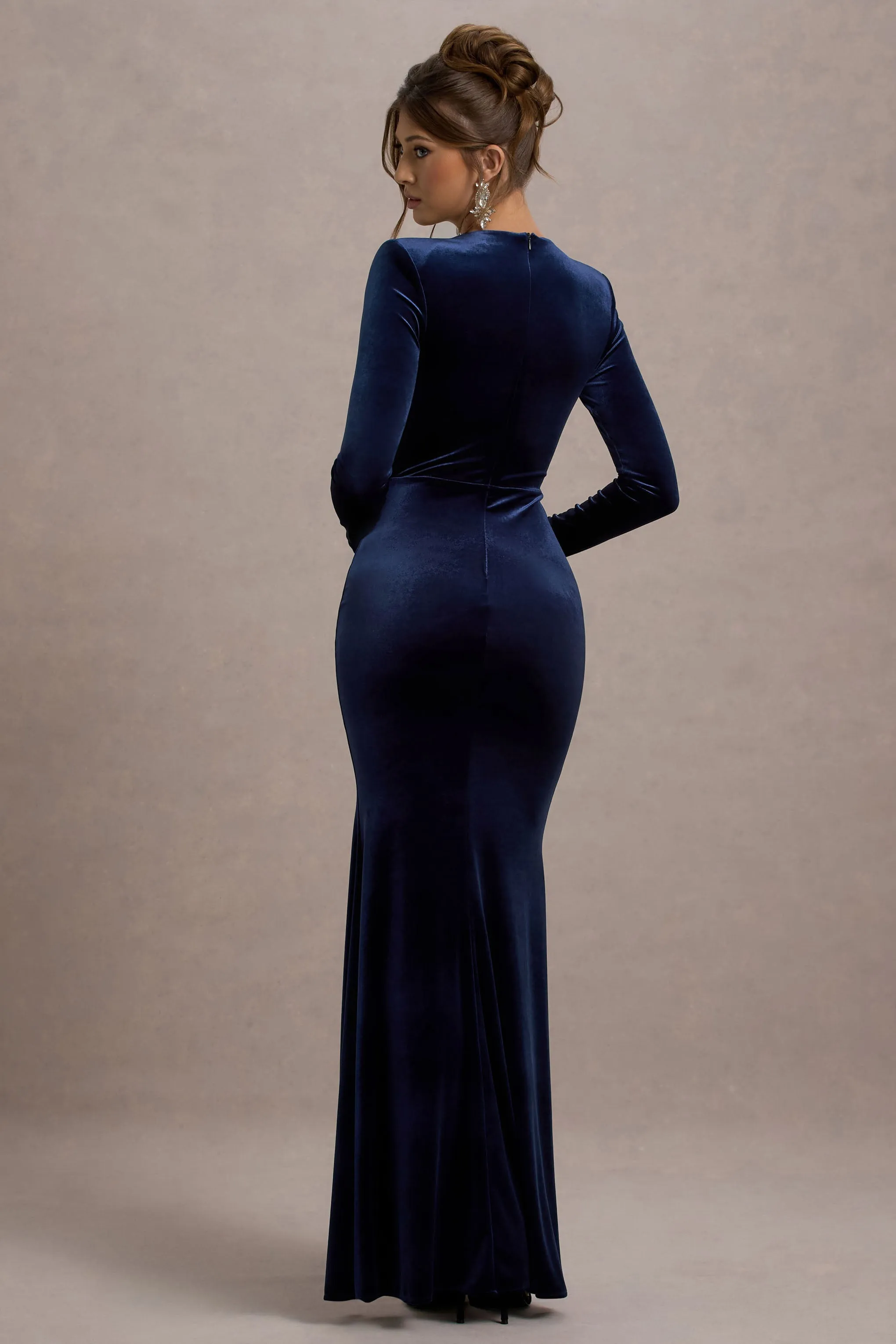 Rayla | Navy Velvet Maxi Dress With Split Club L London