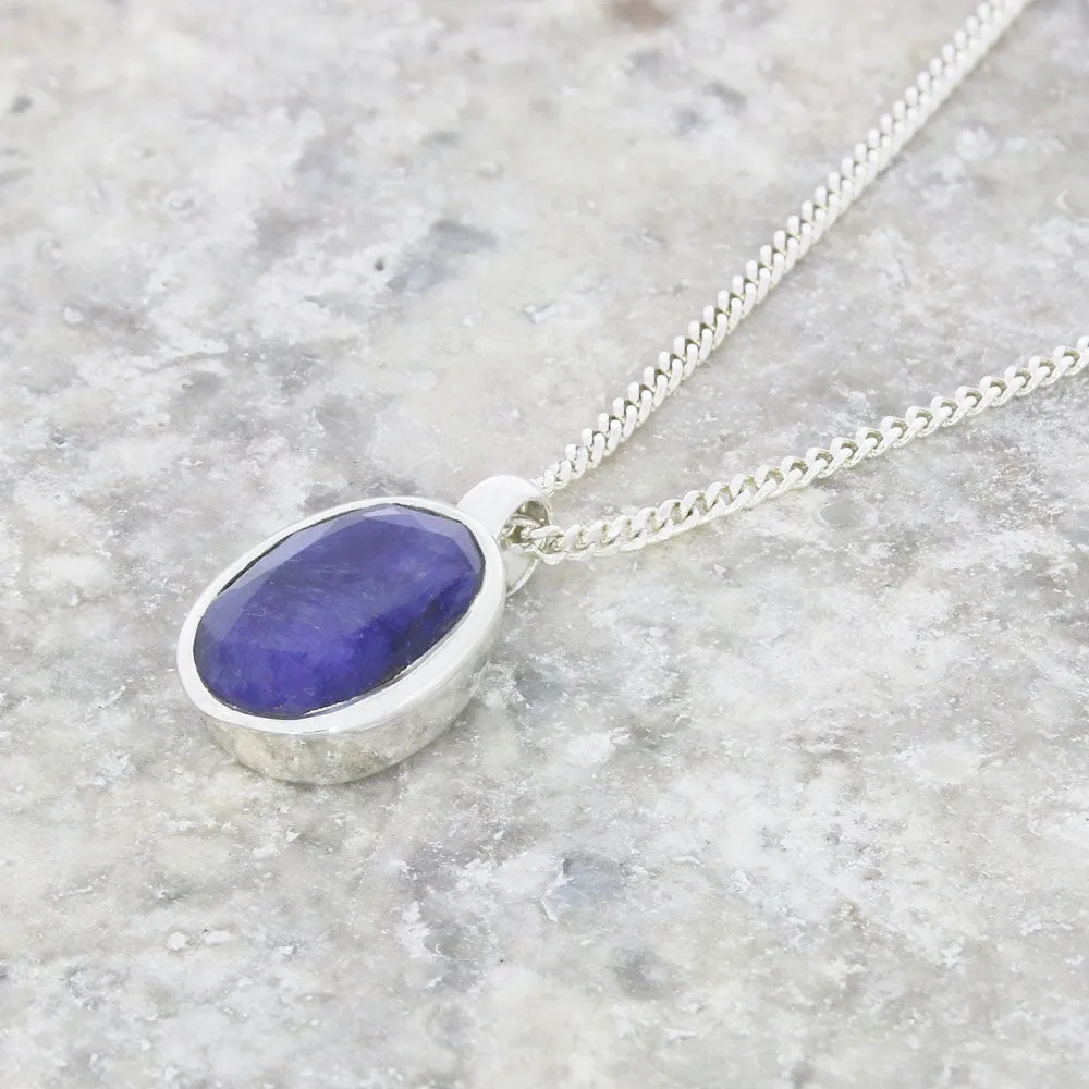Sapphire Quartz Sterling Silver Oval Pendant & Chain