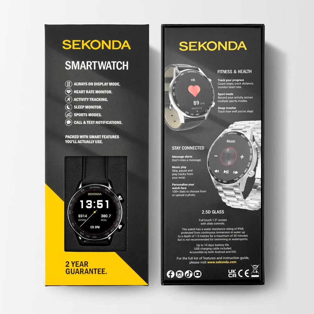 Sekonda Active Plus Smart Watch Silver Case Black Leather Strap 30178
