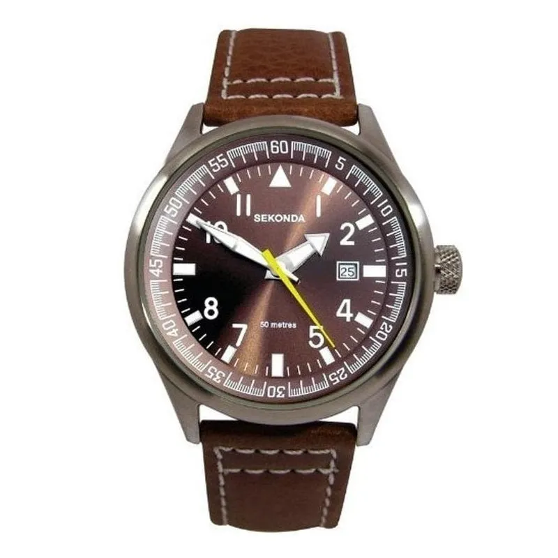 Sekonda Brown Leather Strap Mens Aviator Watch 3882