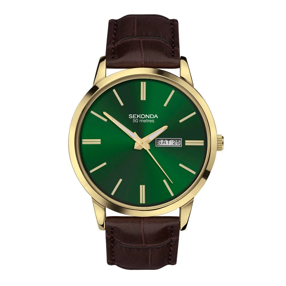 Sekonda Green Dial Brown Leather Strap Mens Watch 30151