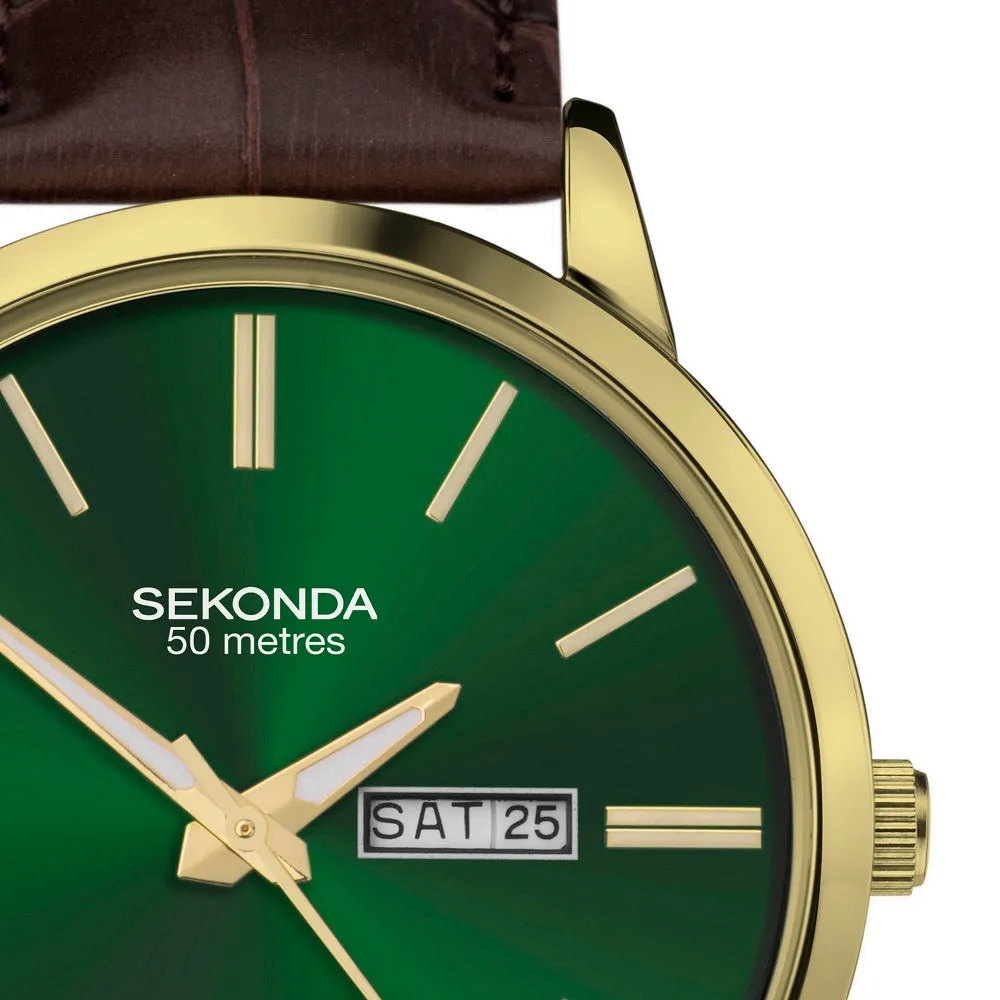Sekonda Green Dial Brown Leather Strap Mens Watch 30151