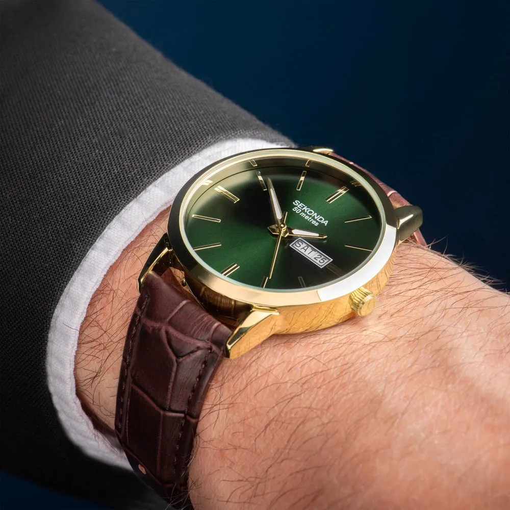 Sekonda Green Dial Brown Leather Strap Mens Watch 30151