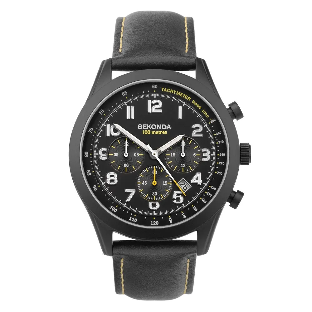 Sekonda Pilot Naivigator Dual Time Leather Strap Mens Watch Black 30112
