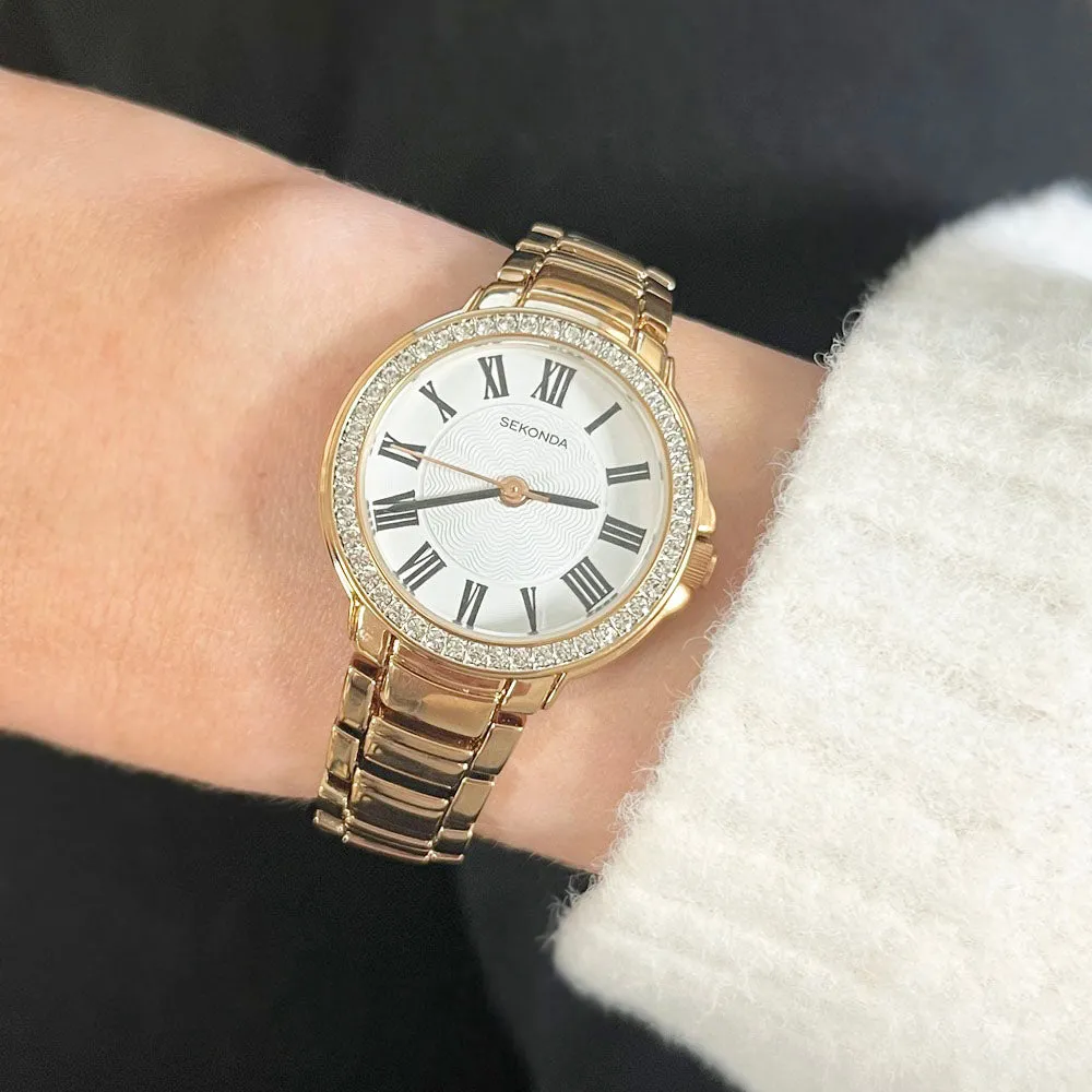 Sekonda Rose Gold Plated Crystal Set Ladies Watch 2846