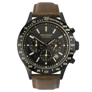 Sekonda Sports Dual Time Mens Watch Black Dial Tan Strap 1651
