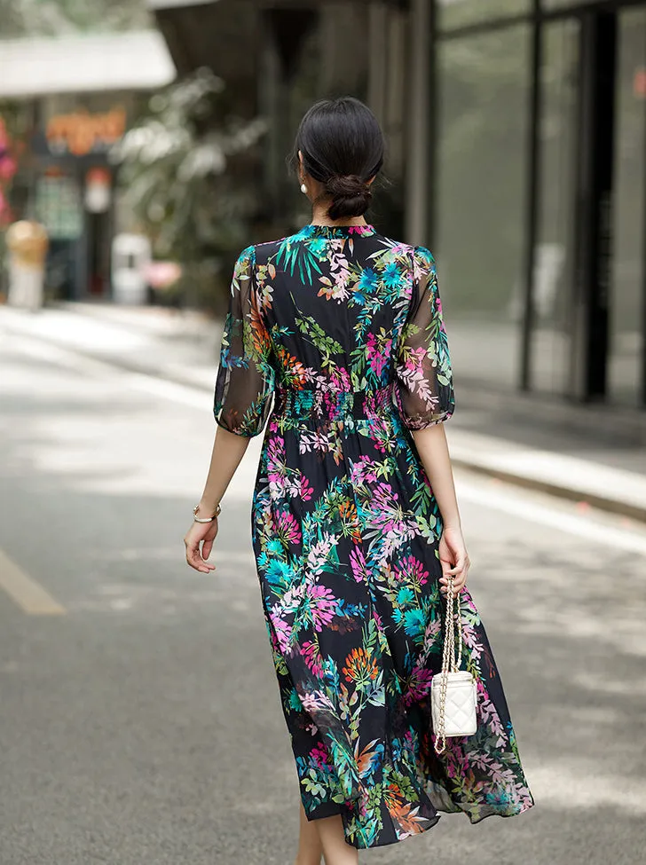 Selling Fast Elegant Floral Printed V-neck Silk Dress  Ends Soon!