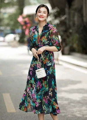 Selling Fast Elegant Floral Printed V-neck Silk Dress  Ends Soon!