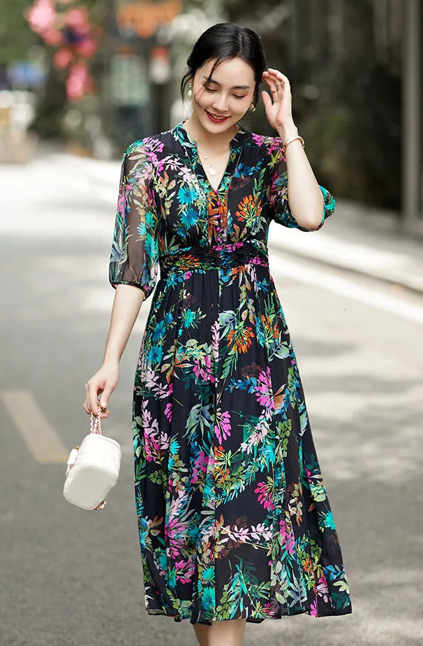 Selling Fast Elegant Floral Printed V-neck Silk Dress  Ends Soon!
