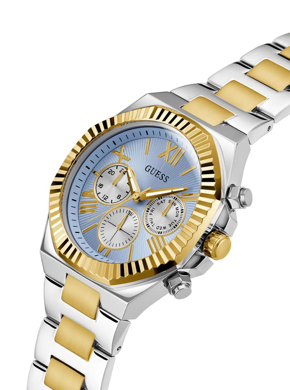 Silver and Gold Equity Blue Link Watch Guess