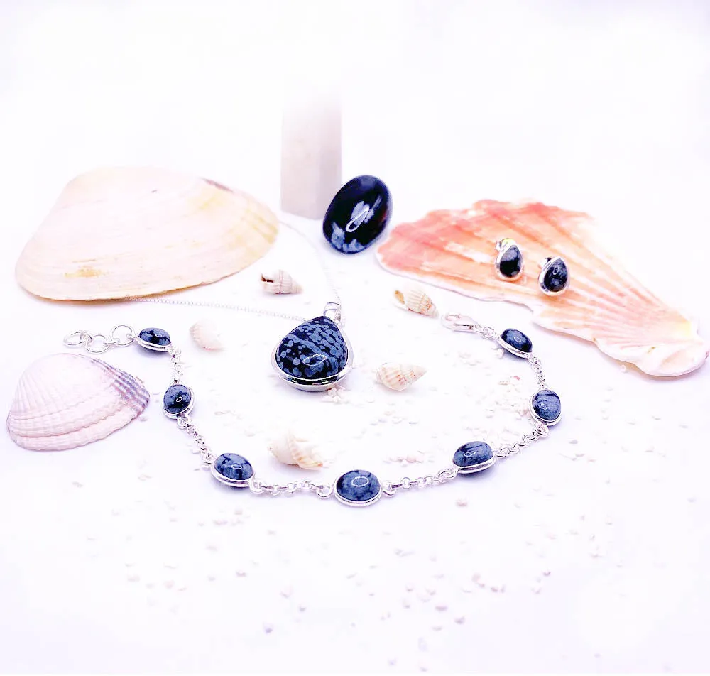 Snowflake Obsidian Sterling Silver Oval Link Bracelet