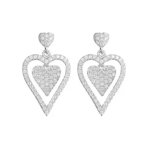 Sterling Silver Cubic Zirconia Double Heart Ladies Drop Earrings
