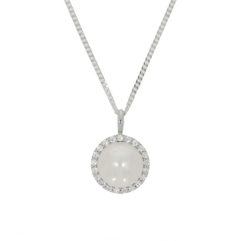 Sterling Silver Cubic Zirconia Freshwater Pearl Ladies Pendant and Chain