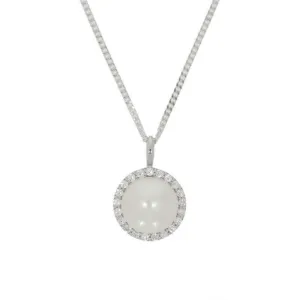 Sterling Silver Cubic Zirconia Freshwater Pearl Ladies Pendant and Chain