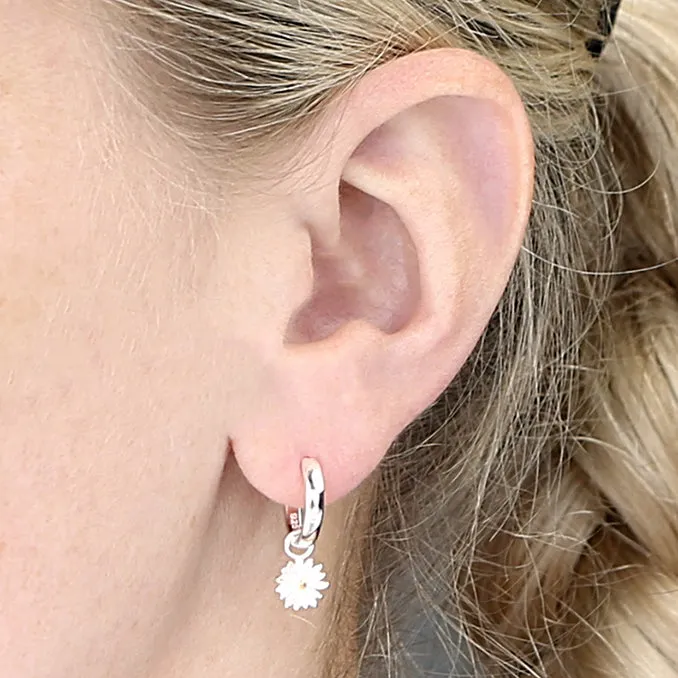 Sterling Silver Daisy Charm Huggie Hoop Earrings
