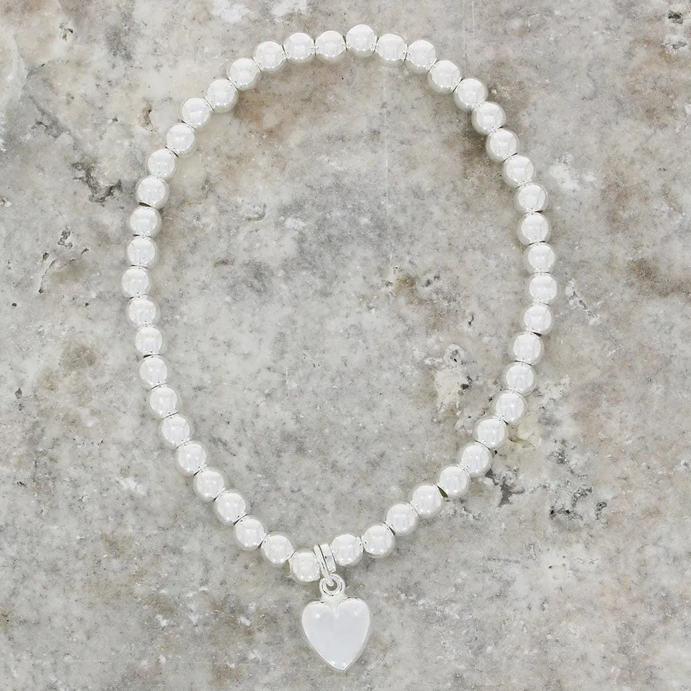Sterling Silver Elasticated Bead Bracelet with Heart Charm