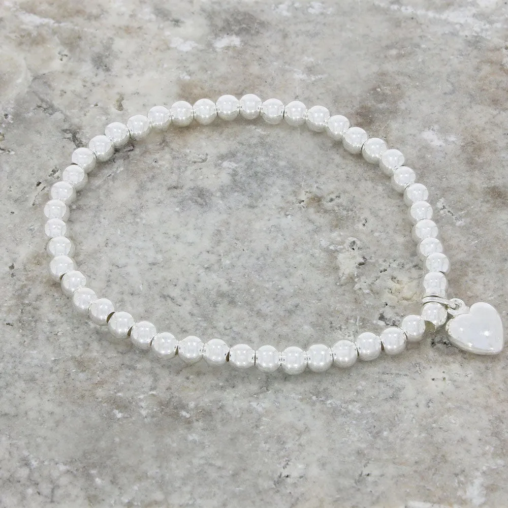 Sterling Silver Elasticated Bead Bracelet with Heart Charm