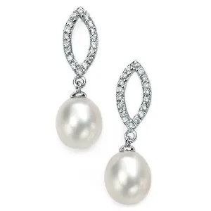Sterling Silver Freshwater Pearl and CZ Drop Earrings E3860W