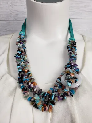 Stone Beaded Multi-Strand w/ Satin Cord Necklace