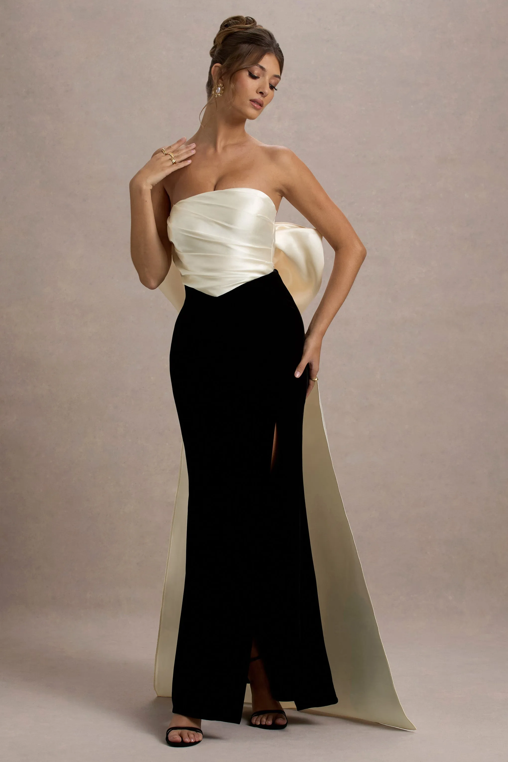 Take A Bow | Black & Cream Velvet Strapless Maxi Dress With Oversized Bow Club L London