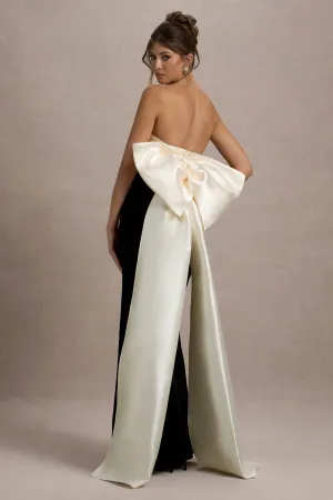 Take A Bow | Black & Cream Velvet Strapless Maxi Dress With Oversized Bow Club L London