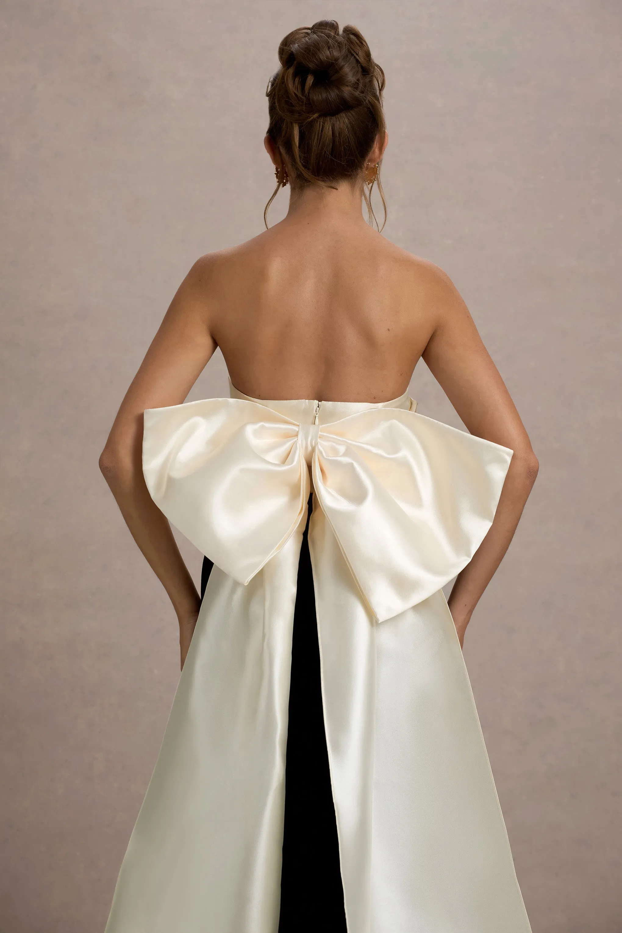 Take A Bow | Black & Cream Velvet Strapless Maxi Dress With Oversized Bow Club L London