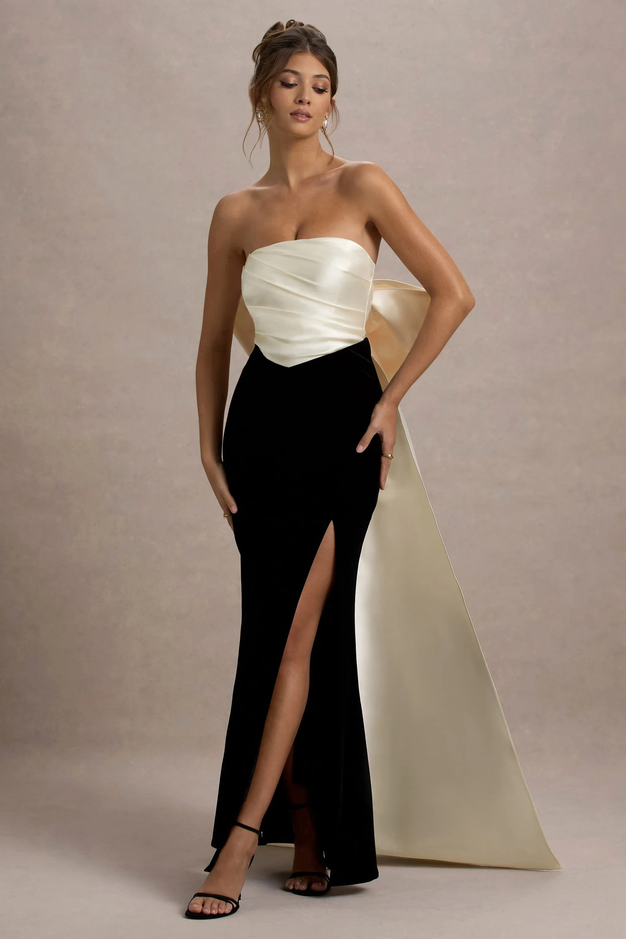 Take A Bow | Black & Cream Velvet Strapless Maxi Dress With Oversized Bow Club L London