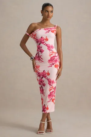 Tatian | Pink and Orange Floral Print Twisted Asymmetric Midi Dress Club L London