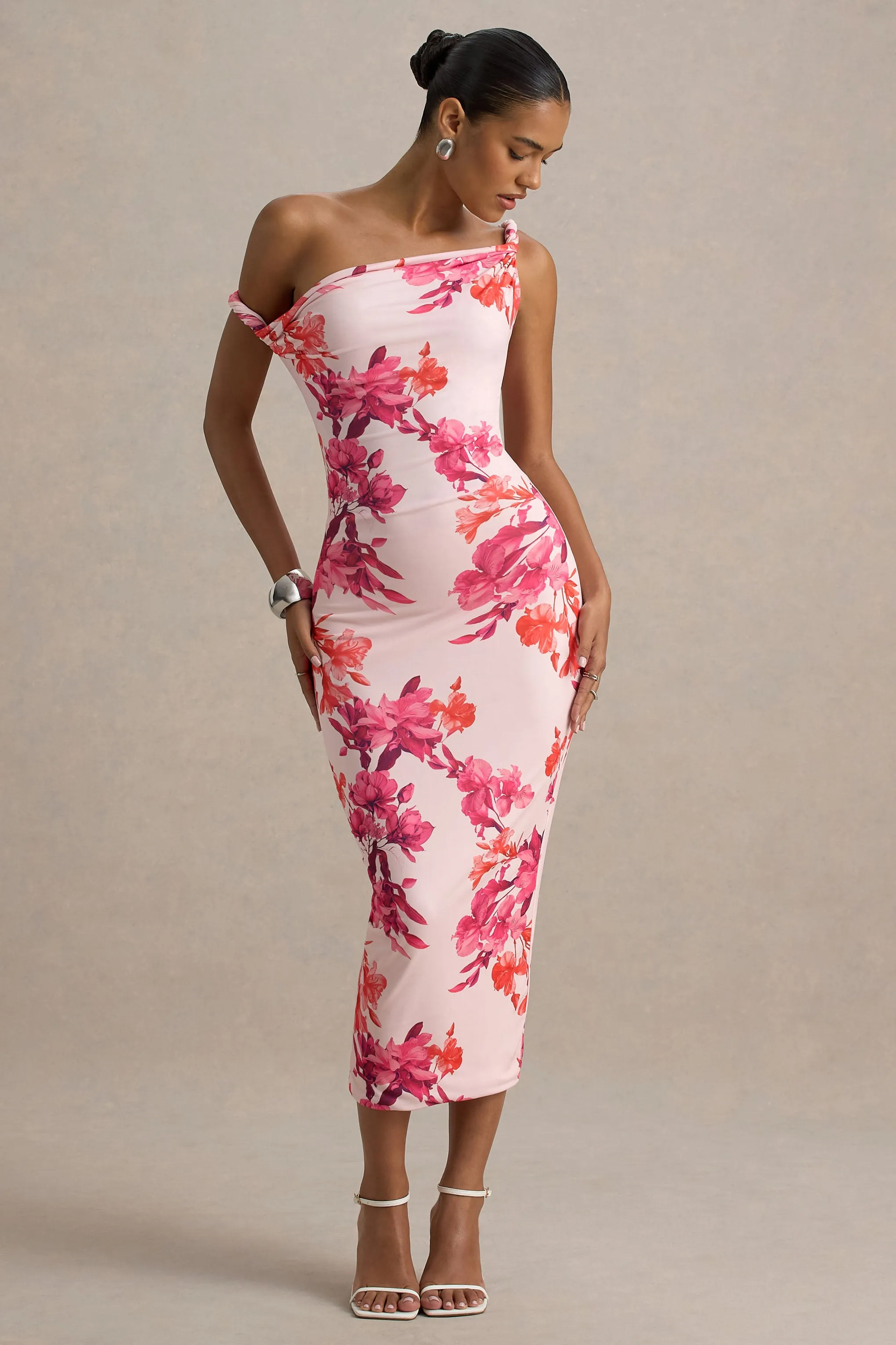 Tatian | Pink and Orange Floral Print Twisted Asymmetric Midi Dress Club L London