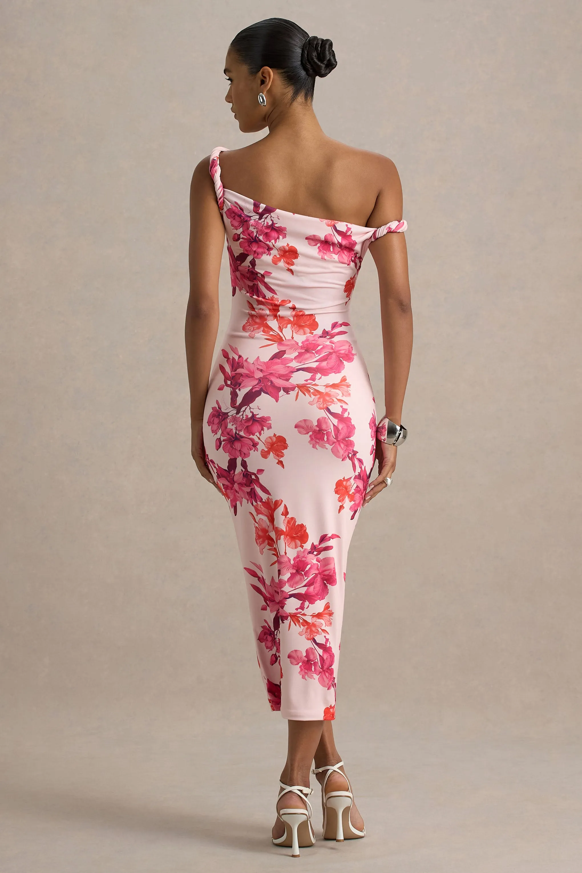 Tatian | Pink and Orange Floral Print Twisted Asymmetric Midi Dress Club L London