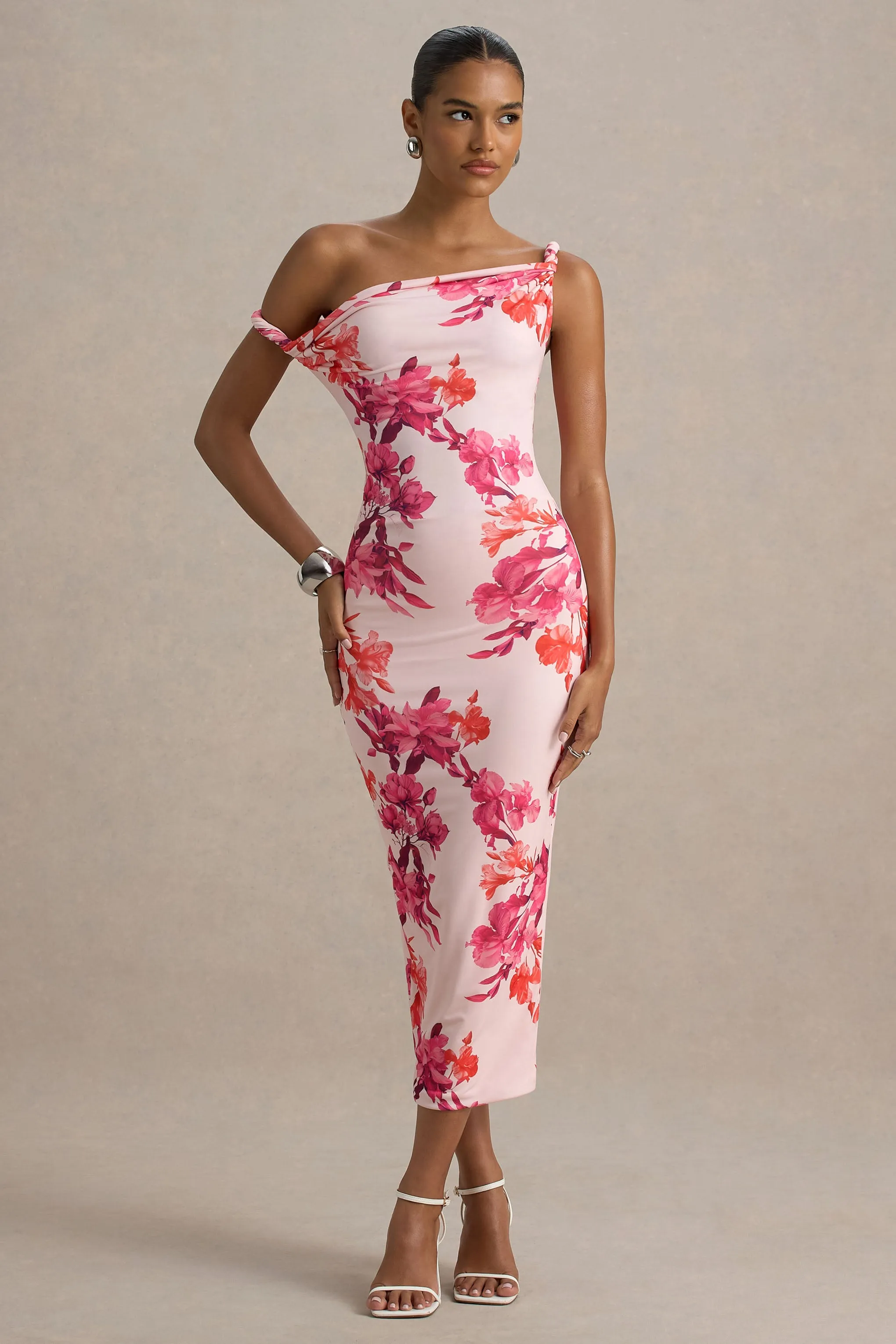 Tatian | Pink and Orange Floral Print Twisted Asymmetric Midi Dress Club L London