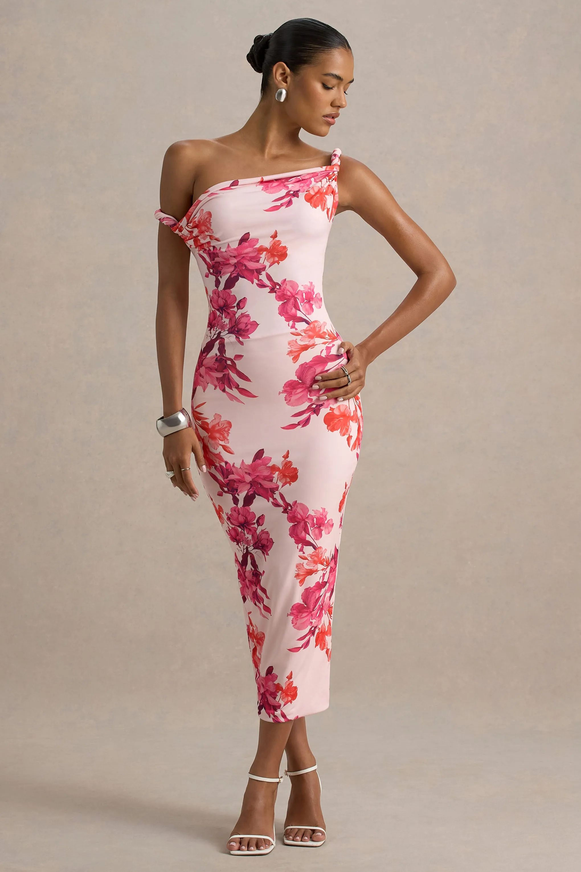 Tatian | Pink and Orange Floral Print Twisted Asymmetric Midi Dress Club L London