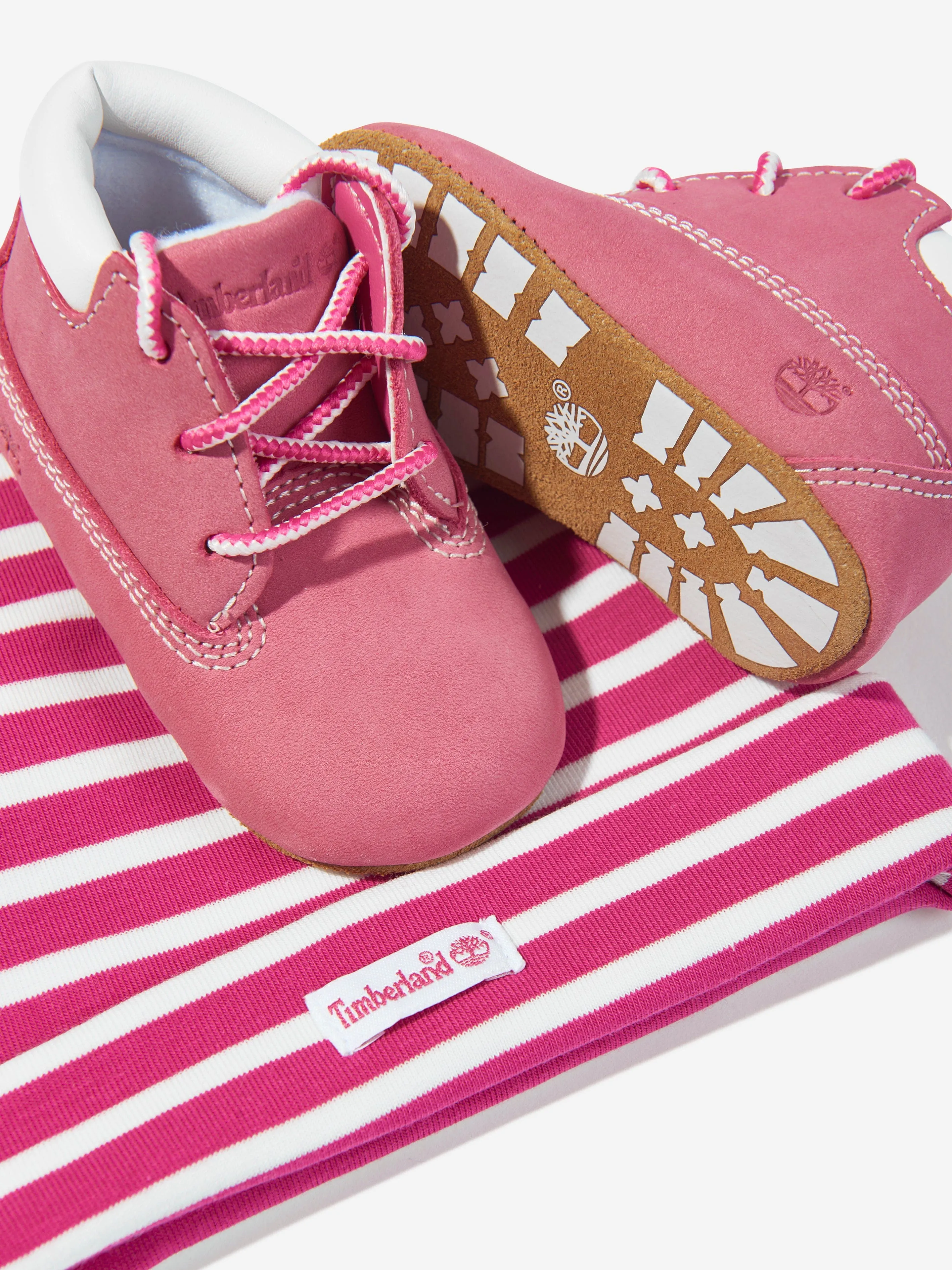 Timberland Baby Girls Crib Bootie and Hat Set in Pink
