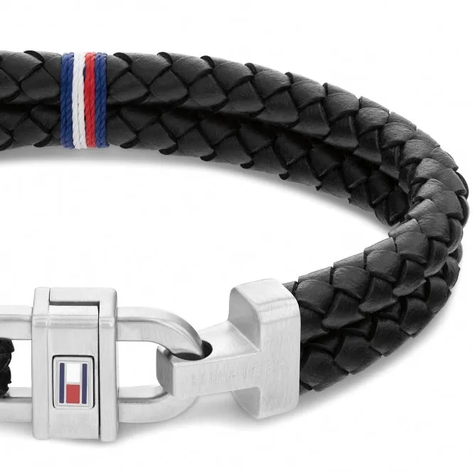 Tommy Hilfiger Mens Black Braided Double Layer Leather Bracelet 2790361