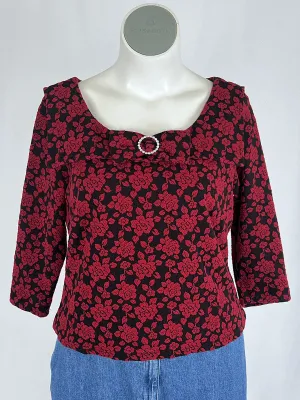 Unique Vintage Size 1X (16) Red & Black Bold Floral Shirt