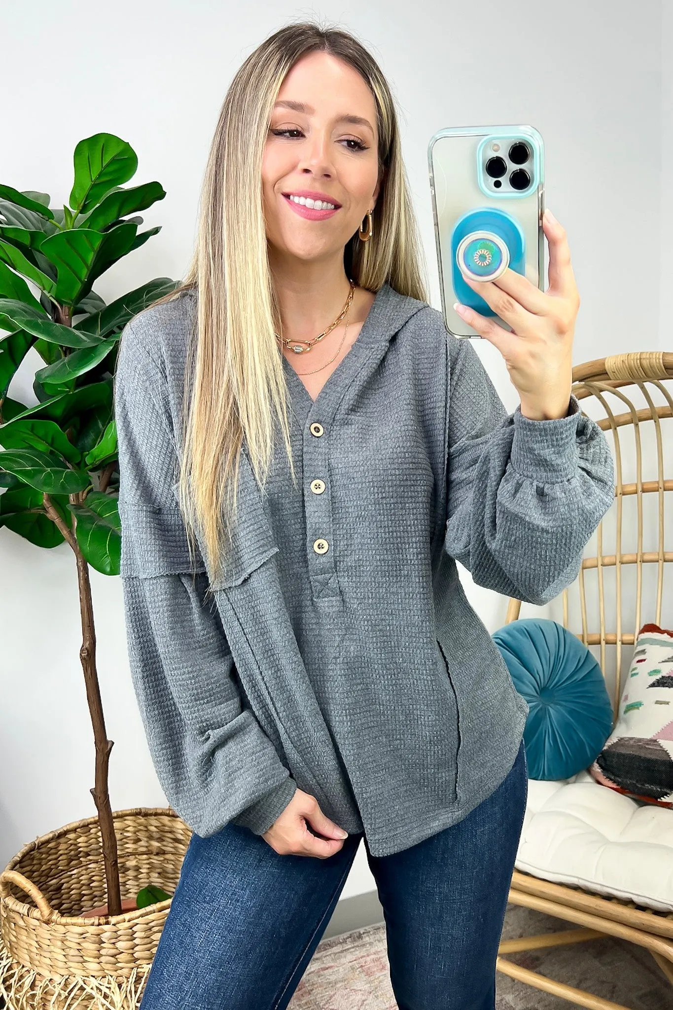 Vaneza Raw Edge Detail Hooded Knit Henley Top - FINAL SALE
